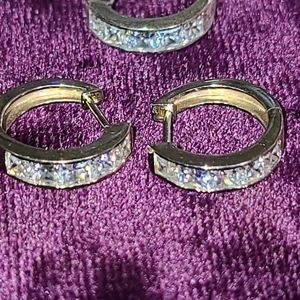 14kt Solid white gold 5A CZ princess channel set hoop earrings